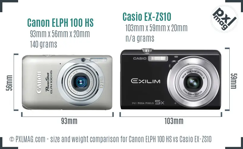 Canon ELPH 100 HS vs Casio EX-ZS10 size comparison