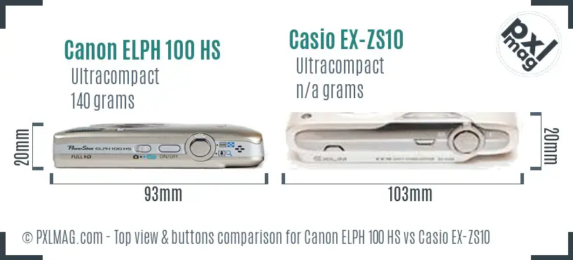 Canon ELPH 100 HS vs Casio EX-ZS10 top view buttons comparison