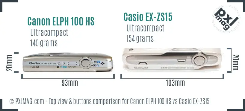 Canon ELPH 100 HS vs Casio EX-ZS15 top view buttons comparison Canon ELPH 100 HS vs Casio EX-ZS15 top view buttons comparison