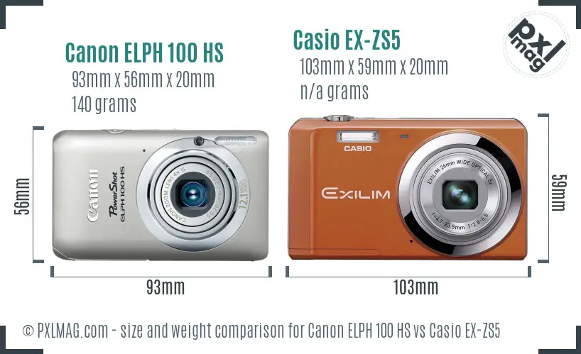 Canon ELPH 100 HS vs Casio EX-ZS5 size comparison