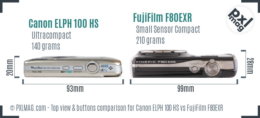 Canon ELPH 100 HS vs FujiFilm F80EXR top view buttons comparison