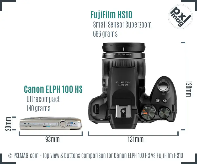 Canon ELPH 100 HS vs FujiFilm HS10 top view buttons comparison