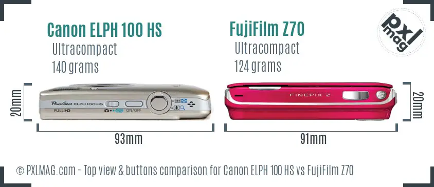 Canon ELPH 100 HS vs FujiFilm Z70 top view buttons comparison