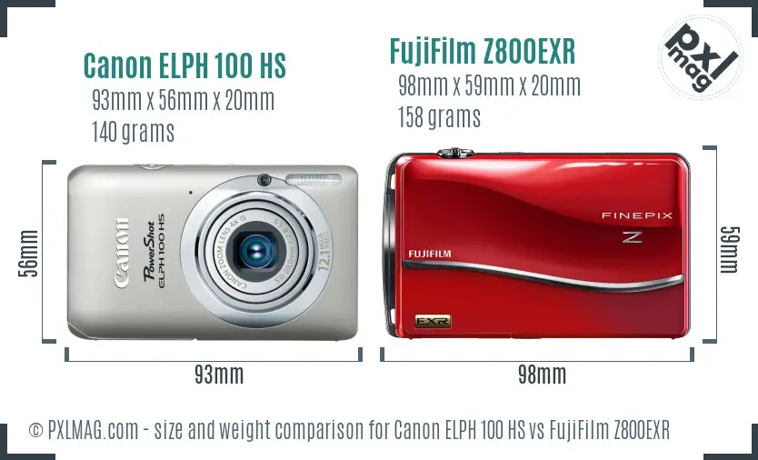 Canon ELPH 100 HS vs FujiFilm Z800EXR size comparison