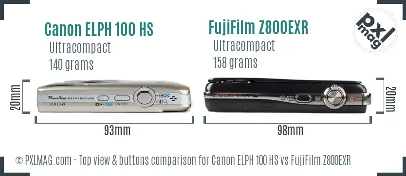 Canon ELPH 100 HS vs FujiFilm Z800EXR top view buttons comparison