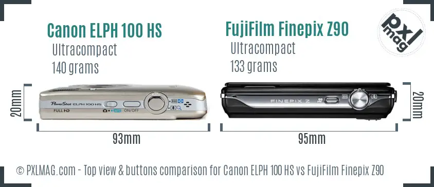 Canon ELPH 100 HS vs FujiFilm Finepix Z90 top view buttons comparison Canon ELPH 100 HS vs FujiFilm Finepix Z90 top view buttons comparison