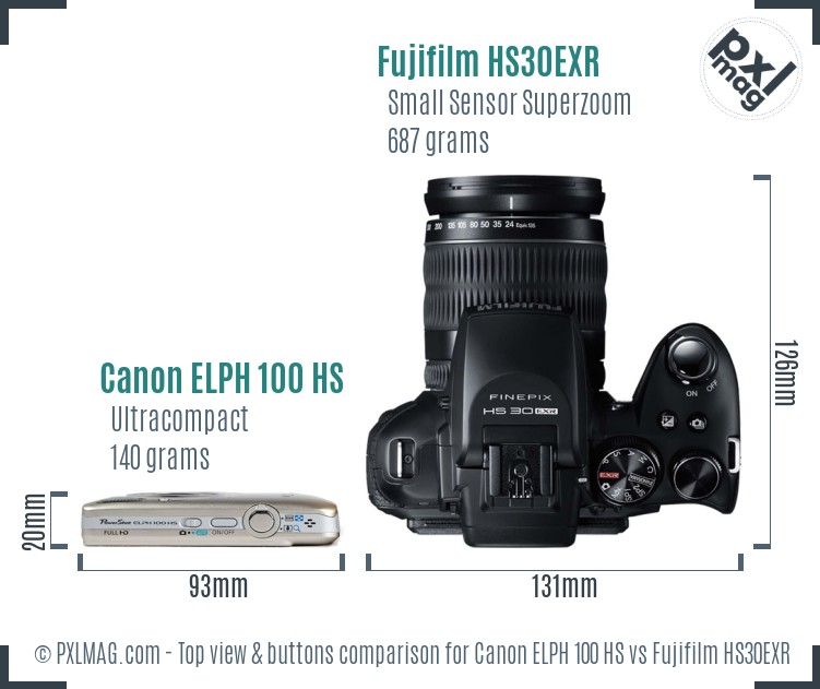 Canon ELPH 100 HS vs Fujifilm HS30EXR top view buttons comparison