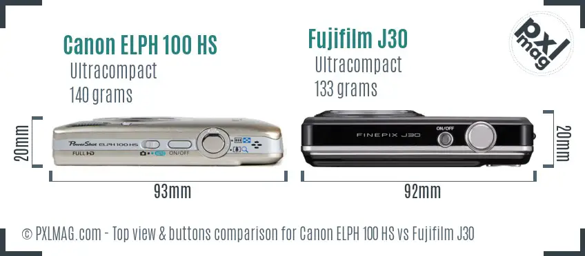 Canon ELPH 100 HS vs Fujifilm J30 top view buttons comparison Canon ELPH 100 HS vs Fujifilm J30 top view buttons comparison