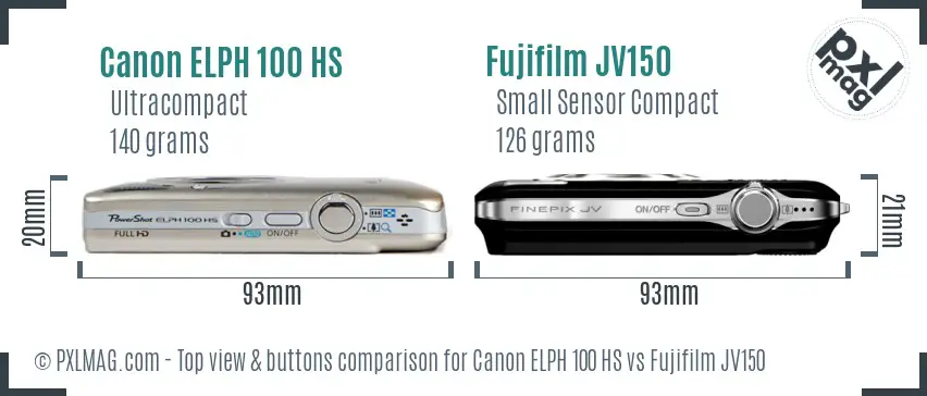 Canon ELPH 100 HS vs Fujifilm JV150 top view buttons comparison Canon ELPH 100 HS vs Fujifilm JV150 top view buttons comparison