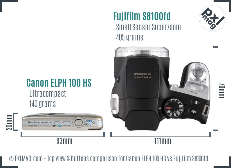 Canon ELPH 100 HS vs Fujifilm S8100fd top view buttons comparison