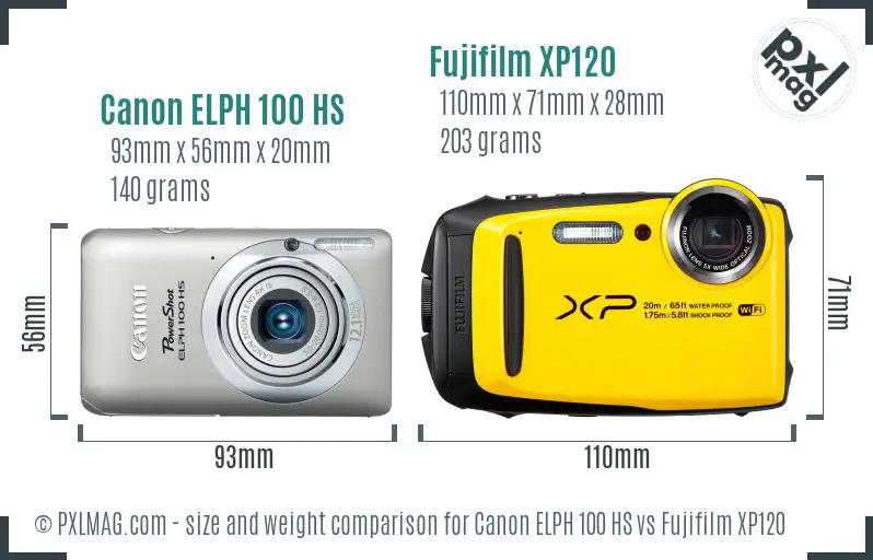 Canon ELPH 100 HS vs Fujifilm XP120 size comparison