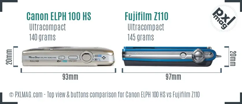 Canon ELPH 100 HS vs Fujifilm Z110 top view buttons comparison