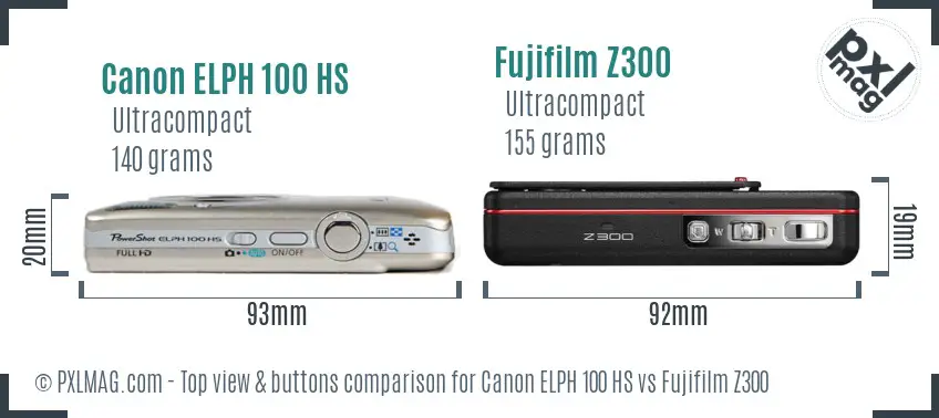 Canon ELPH 100 HS vs Fujifilm Z300 top view buttons comparison