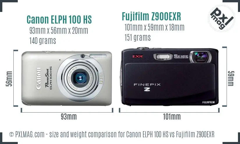 Canon ELPH 100 HS vs Fujifilm Z900EXR size comparison