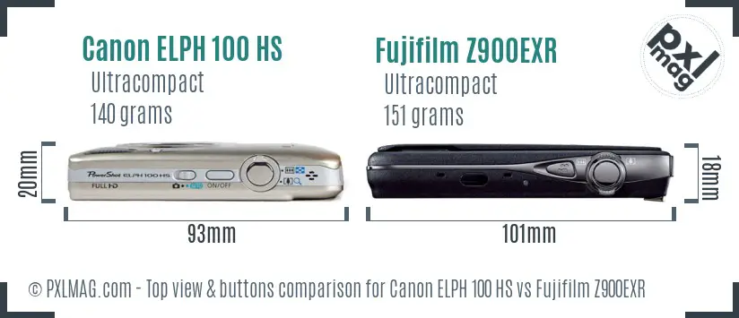 Canon ELPH 100 HS vs Fujifilm Z900EXR top view buttons comparison