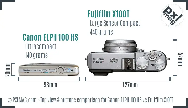 Canon ELPH 100 HS vs Fujifilm X100T top view buttons comparison