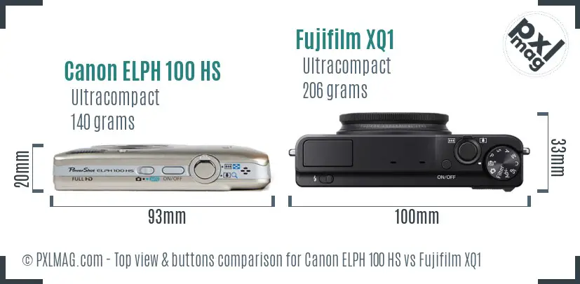 Canon ELPH 100 HS vs Fujifilm XQ1 top view buttons comparison