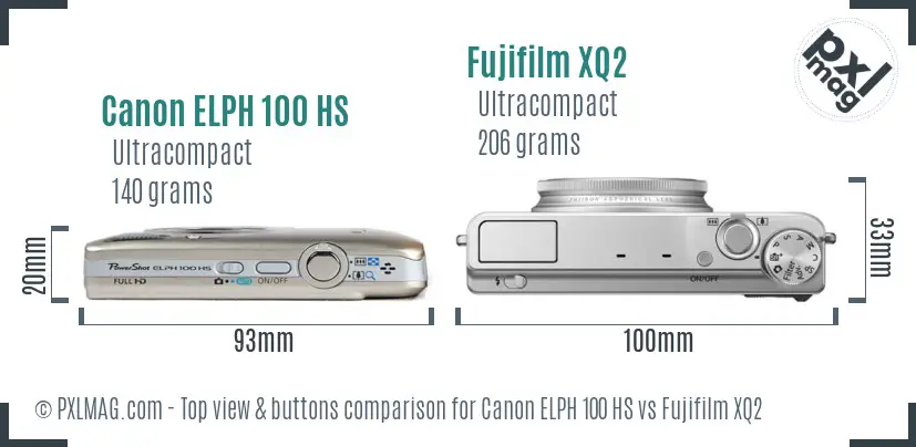Canon ELPH 100 HS vs Fujifilm XQ2 top view buttons comparison