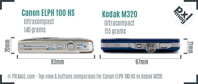 Canon ELPH 100 HS vs Kodak M320 top view buttons comparison
