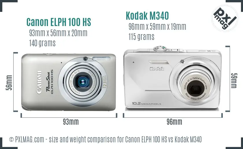 Canon ELPH 100 HS vs Kodak M340 size comparison