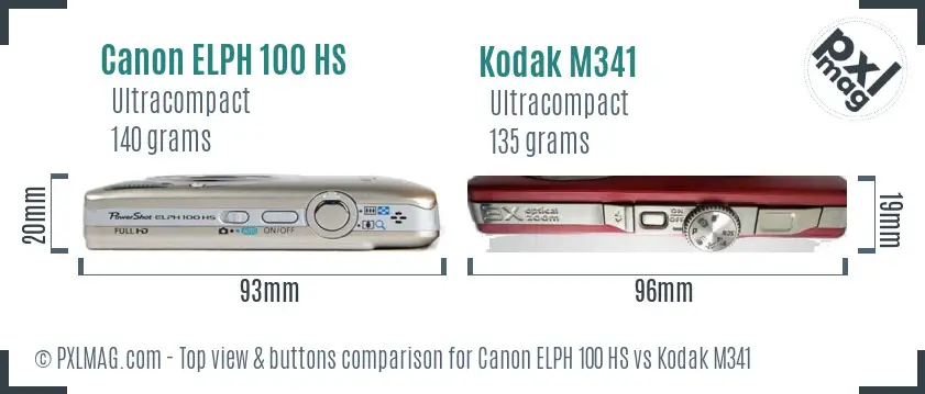 Canon ELPH 100 HS vs Kodak M341 top view buttons comparison