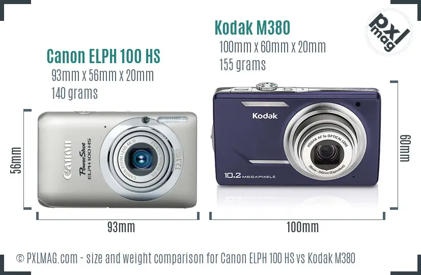 Canon ELPH 100 HS vs Kodak M380 size comparison