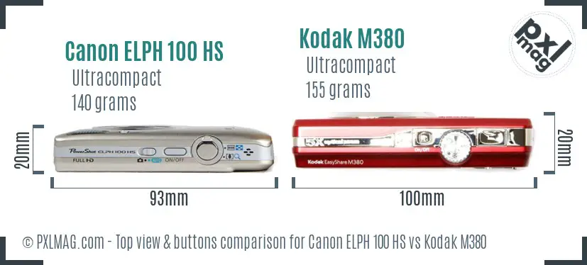 Canon ELPH 100 HS vs Kodak M380 top view buttons comparison