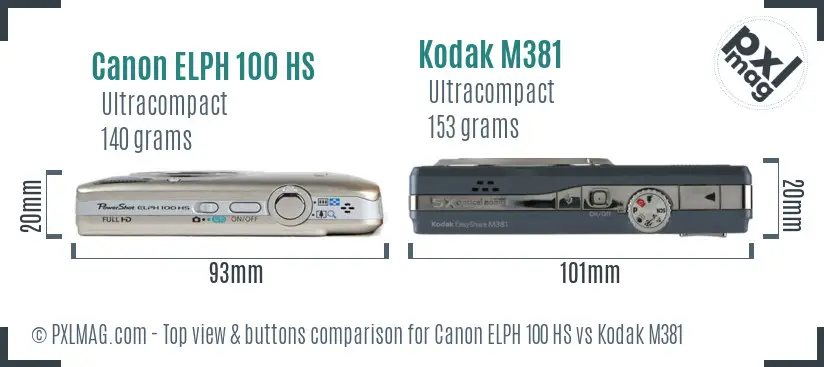 Canon ELPH 100 HS vs Kodak M381 top view buttons comparison