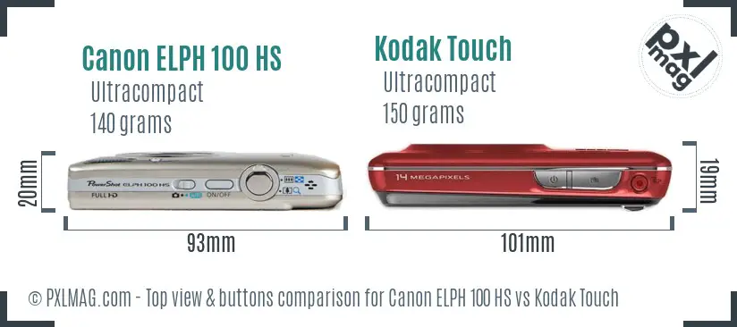 Canon ELPH 100 HS vs Kodak Touch top view buttons comparison