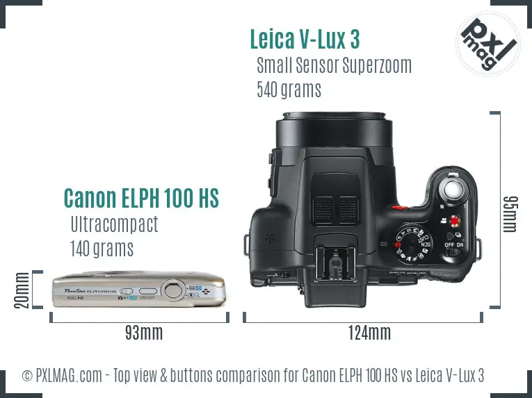 Canon ELPH 100 HS vs Leica V-Lux 3 top view buttons comparison