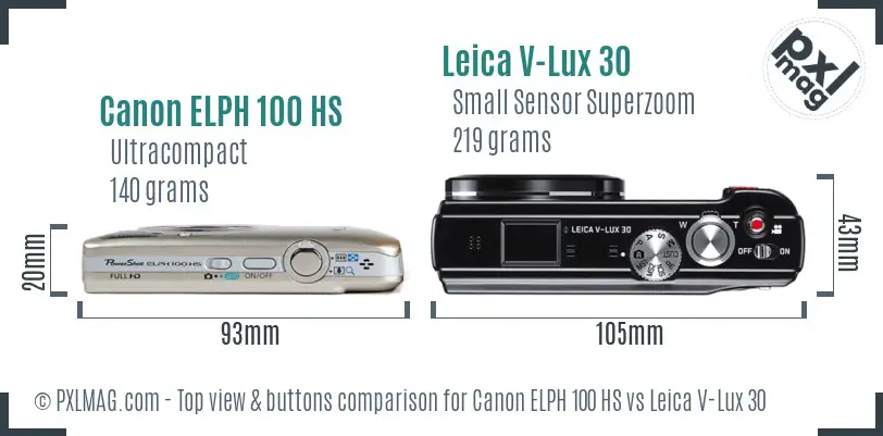 Canon ELPH 100 HS vs Leica V-Lux 30 top view buttons comparison