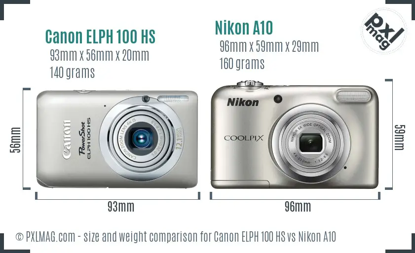 Canon ELPH 100 HS vs Nikon A10 size comparison