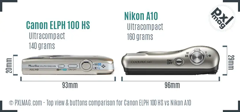 Canon ELPH 100 HS vs Nikon A10 top view buttons comparison