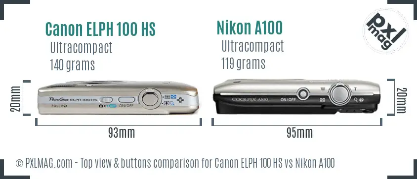 Canon ELPH 100 HS vs Nikon A100 top view buttons comparison
