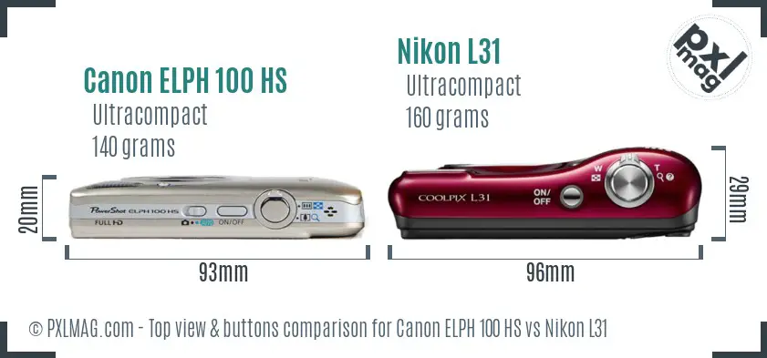 Canon ELPH 100 HS vs Nikon L31 top view buttons comparison