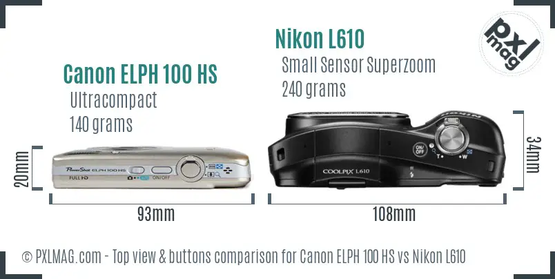 Canon ELPH 100 HS vs Nikon L610 top view buttons comparison