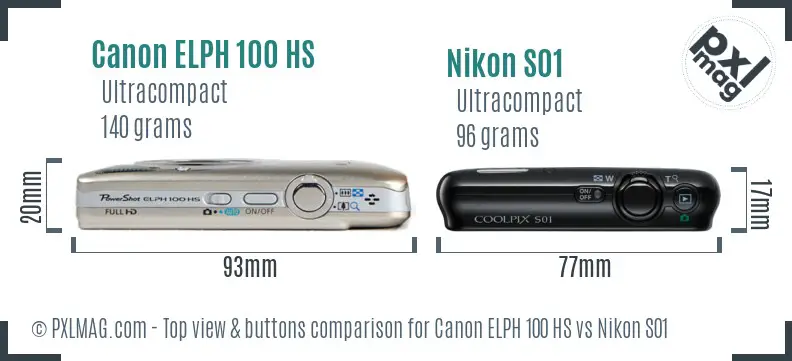 Canon ELPH 100 HS vs Nikon S01 top view buttons comparison