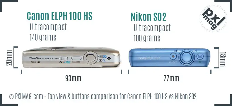 Canon ELPH 100 HS vs Nikon S02 top view buttons comparison