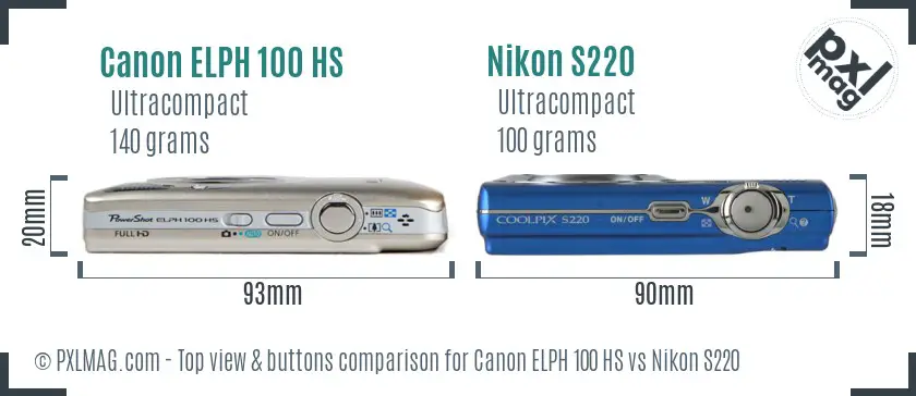 Canon ELPH 100 HS vs Nikon S220 top view buttons comparison