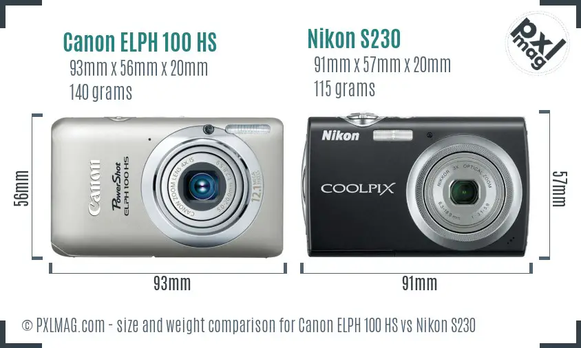 Canon ELPH 100 HS vs Nikon S230 size comparison