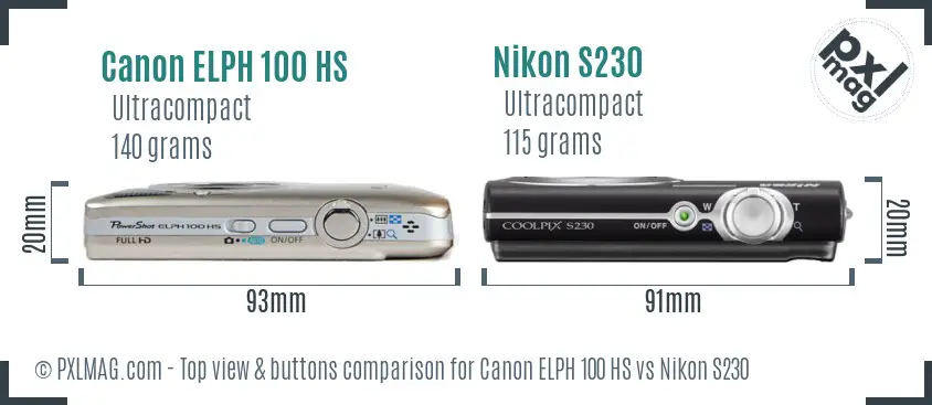 Canon ELPH 100 HS vs Nikon S230 top view buttons comparison