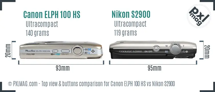 Canon ELPH 100 HS vs Nikon S2900 top view buttons comparison