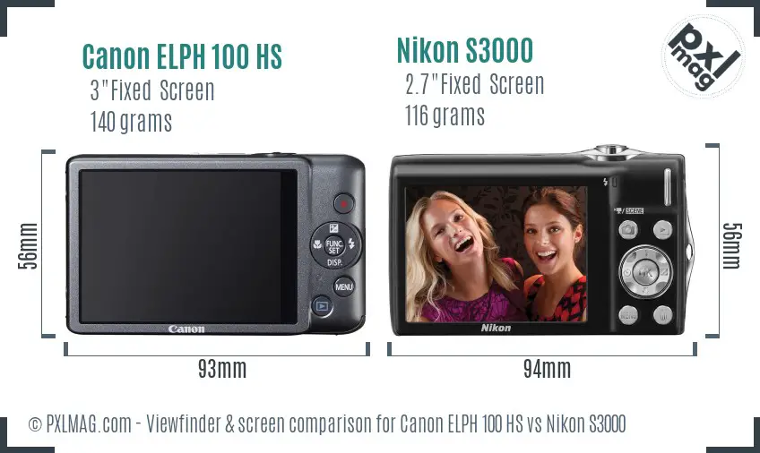 Canon ELPH 100 HS vs Nikon S3000 Screen and Viewfinder comparison