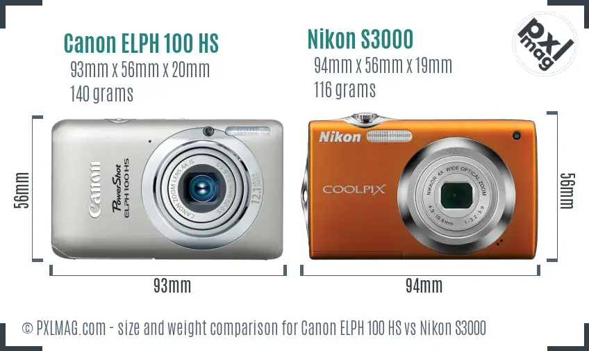 Canon ELPH 100 HS vs Nikon S3000 size comparison