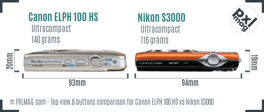 Canon ELPH 100 HS vs Nikon S3000 top view buttons comparison