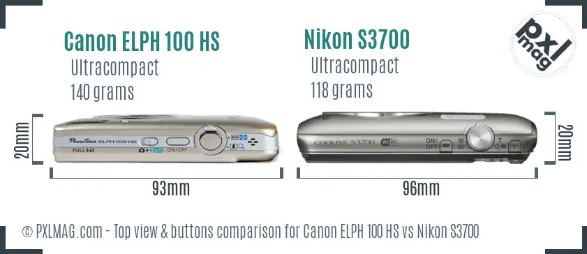 Canon ELPH 100 HS vs Nikon S3700 top view buttons comparison