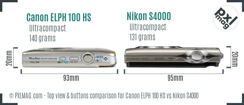 Canon ELPH 100 HS vs Nikon S4000 top view buttons comparison