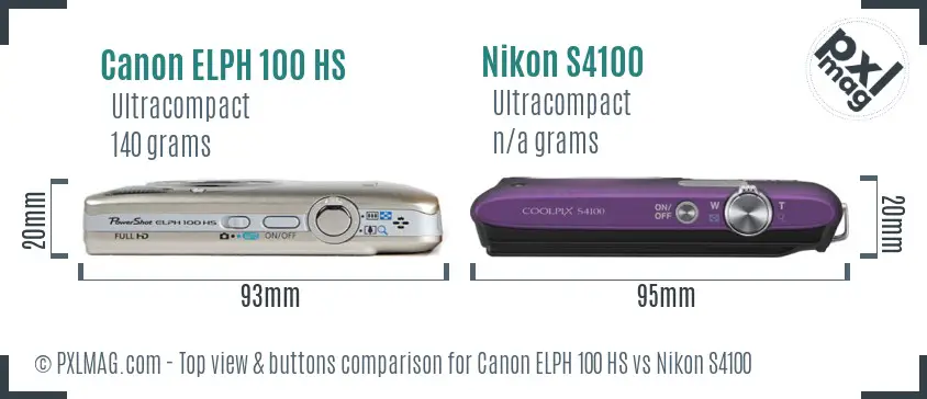 Canon ELPH 100 HS vs Nikon S4100 top view buttons comparison