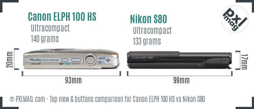 Canon ELPH 100 HS vs Nikon S80 top view buttons comparison