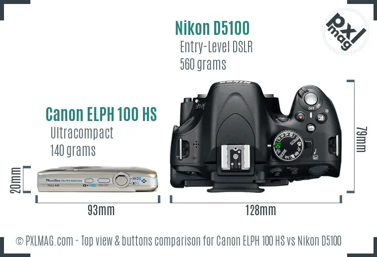 Canon ELPH 100 HS vs Nikon D5100 top view buttons comparison